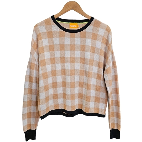 WISPR By Brodie Sweater Cotton Silk Blend Tan Gingham Long Sleeve Crew Neck L - Picture 1 of 11